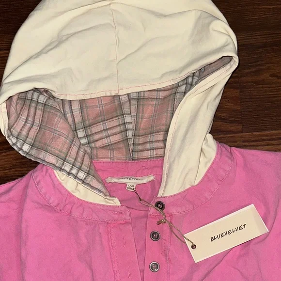 Plaid Patchwork Pink and Cream Women's Hoodie - Picture 3 of 5
